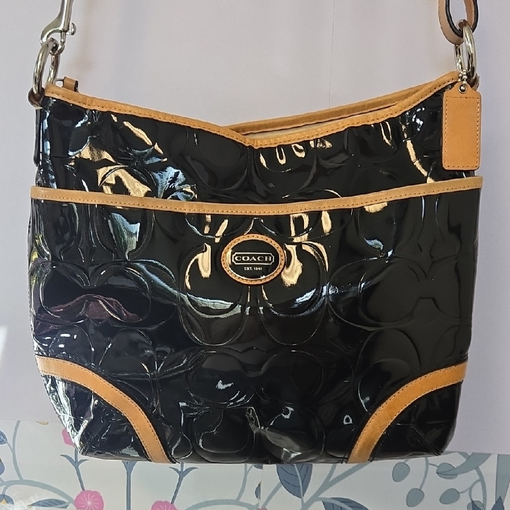 Coach Black Patent Leather and With Tan Leather Strap Shoulder Bag